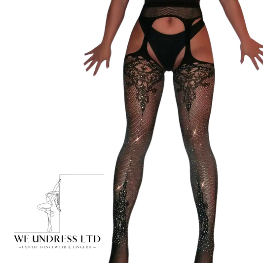 Symmetrical Pattern Garter Rhinestone Tights