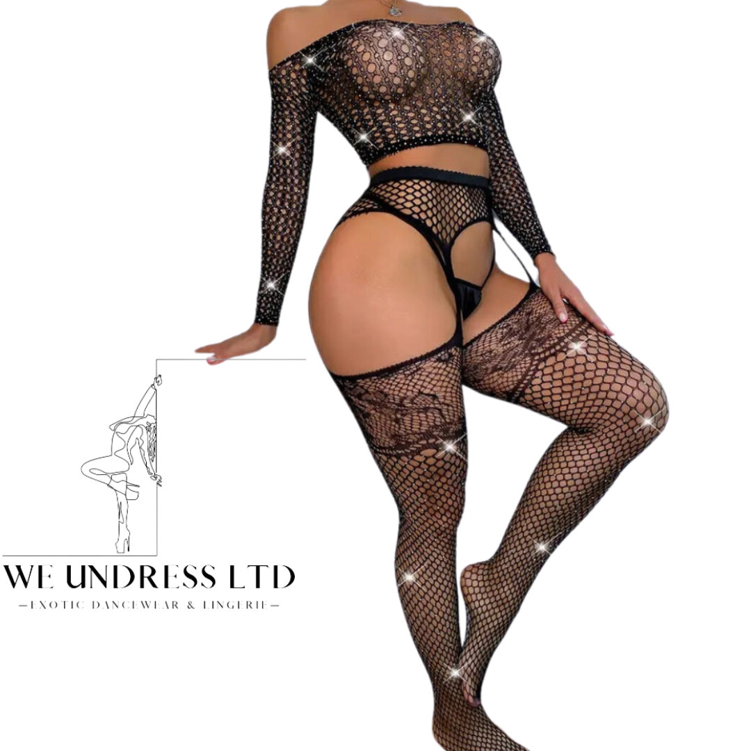 2-Piece Set Diamante Fishnet Body Stocking