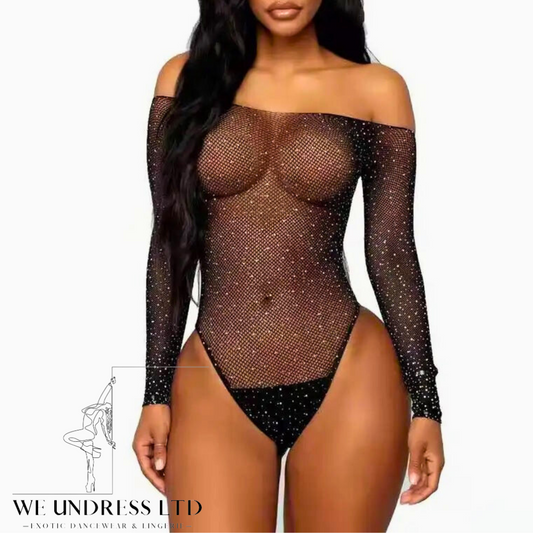 Long Sleeve Rhinestone Fishnet Body