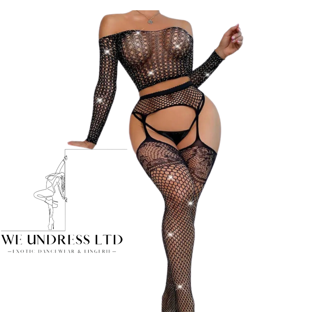 2-Piece Set Diamante Fishnet Body Stocking